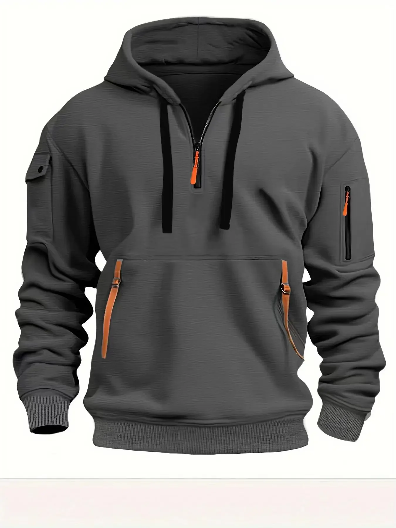 Color: Dark Grey, Size: L, Sale by Pack: Pack of 1, Ships From: CHINA - New hoodie men zipper multi pocket hoodie Spring  Winter Fleece Warm Sweatshirt Fashion Streetwear Sports Hoody Solid Pullover