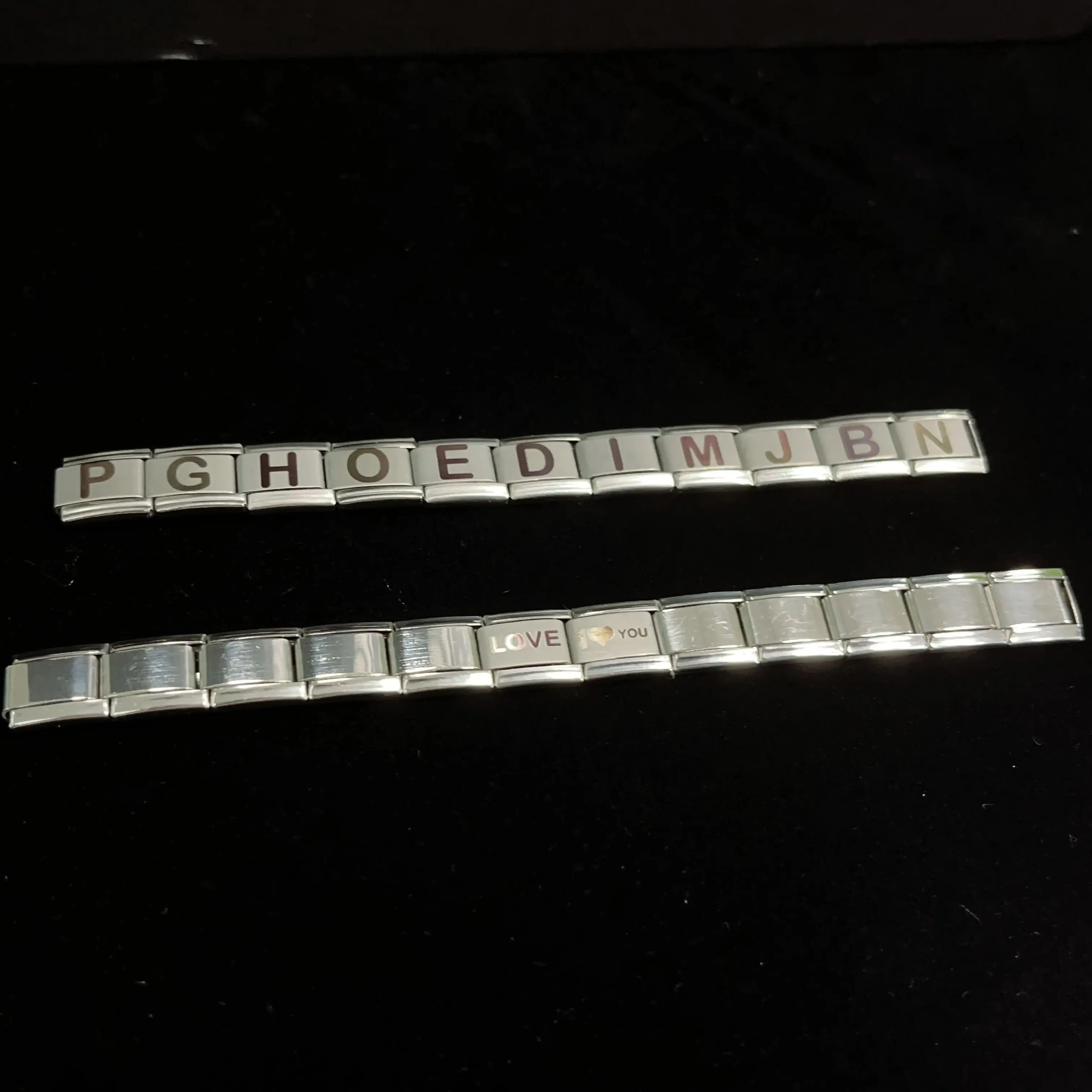 Metal Color: Dark Gold, Main Stone Color: WHITE - New DIY Italian Charm 9mm Module Bracelet 26 English letter Stainless Steel Elastic Bracelets for Men and Women Gift
