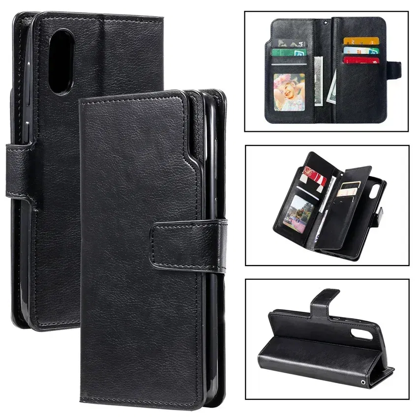 Color: black, Material: CANVAS - Leather Nine Cards Wallet Case For Samsung Galaxy S24 Ultra S23 FE S22 S20 S21 Plus S10 S9 S8 Plus Note 20  Phone Cover