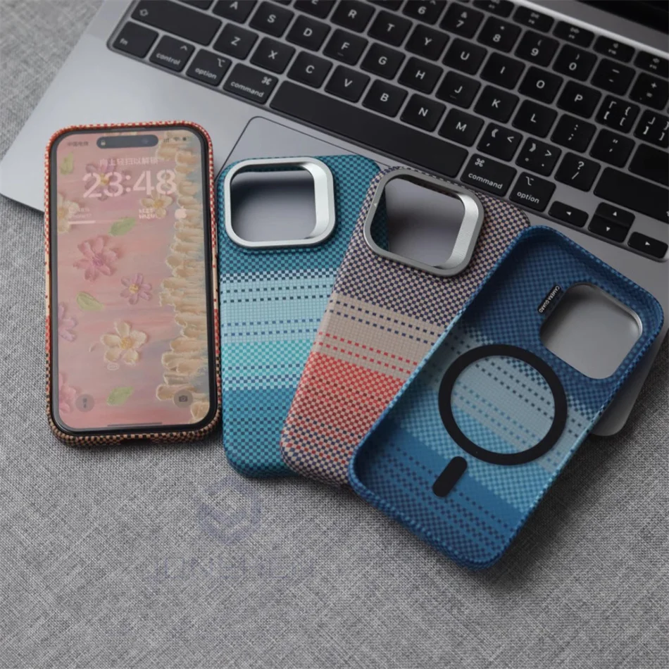 Color: GRAY, Material: Denim - Luxury Magnetic Stand Metal Lens Relief Carbon Fibre Pattern For Magsafe Case For iPhone 15 14 13 Pro Max Shockproof  Back Cover