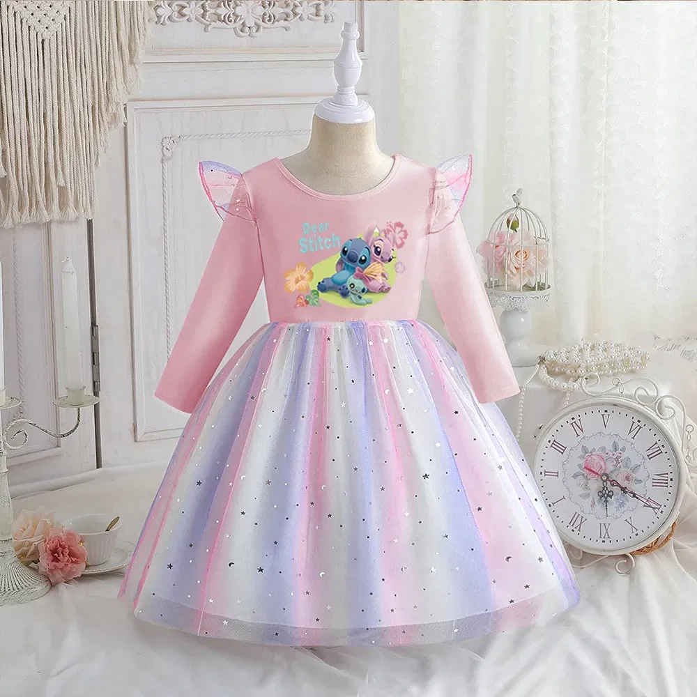 Color: Blue, Kid Size: 3T - Stitch Princess Dress Autumn New Disney Baby Girls Dress Spring Autumn Long-sleeved For Children Kids Clothes Birthday Party