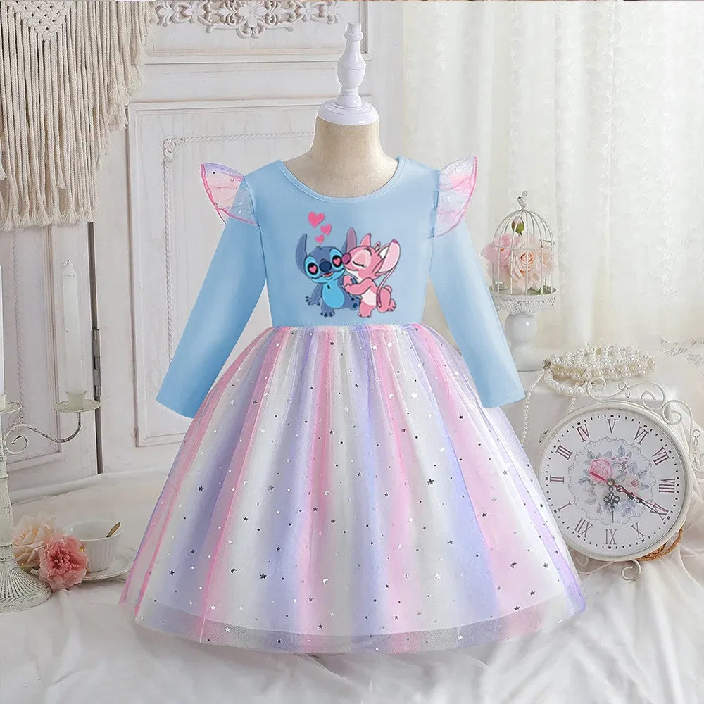 Color: Blue, Kid Size: 3T - Stitch Princess Dress Autumn New Disney Baby Girls Dress Spring Autumn Long-sleeved For Children Kids Clothes Birthday Party