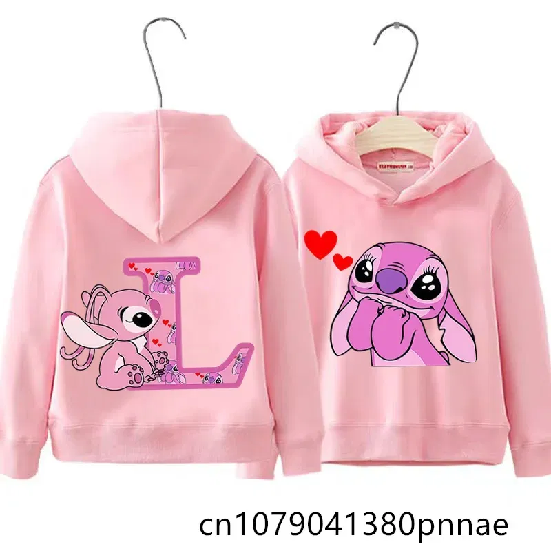 Color: Khaki, Kid Size: 18M - Girls Boys Lilo and Stitch Sportswear Hoodies Casual Fashion Sweatshirts Angel Letter AZ Anime Autumn/Winter Hoodie Kids Hoodies