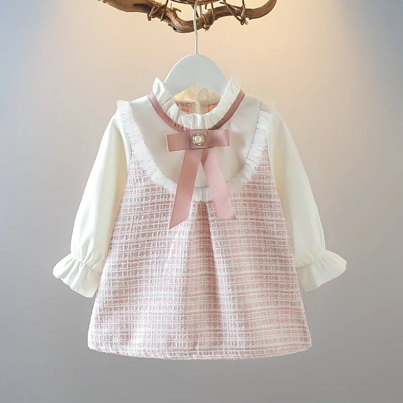 Color: Pink, Kid Size: 12M - Spring and Autumn New Baby Girl Long Sleeve Dress Fake Two Small Checkered Children's Clothes (0-3 Years Old)