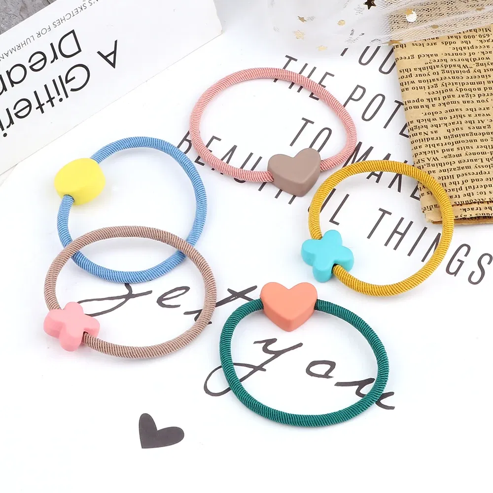 Color: WHITE, Ships From: CHINA - Cute Girls Hair Bands Ties Round Heart Rubber Band Fashion Scrunchie Elastic Korean Hair Accessories Ponytail Holder Headband