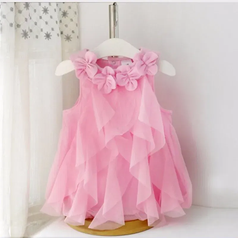 Color: SKY BLUE, Kid Size: 24M - Summer Sleeveless Girls Chiffon Dress Flowers Kids Girl Birthday Party Dresses Baby Clothes Vestidos
