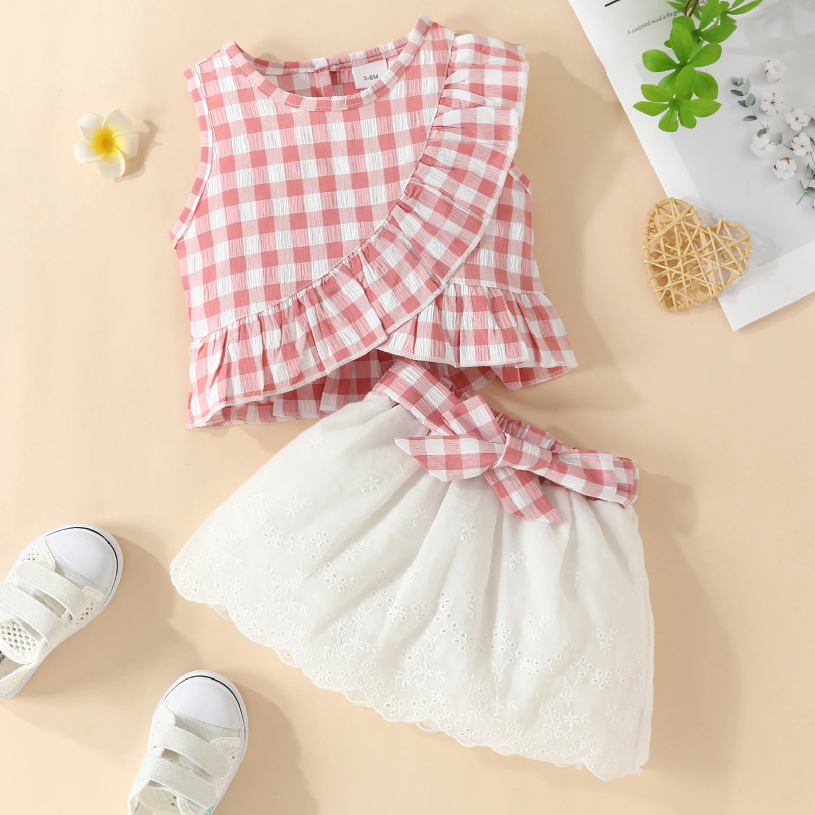 Kid Size: 3M, Color: Yellow - Charming Girls' Summer Ensemble: Sleeveless Plaid Ruffle Top & Lace Hem Skirt - Comfy, Durable & Stylish