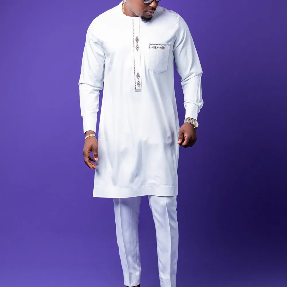 Color: Silver, Size: XXXL - 2024 New African Traditional Men's Set Elegant and Fashionable Men's Suit Casual Embroidery Two Piece Set Men's Suit Kaftan