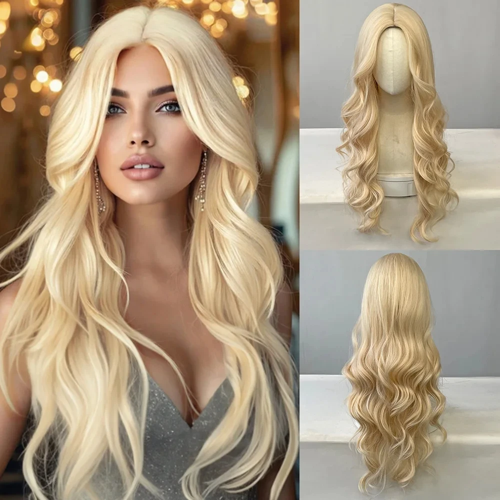 Color: T1B/613 - Black synthetic wig with middle-parted long hair and big waves for party or daily use. High-temperature synthetic hair cap.