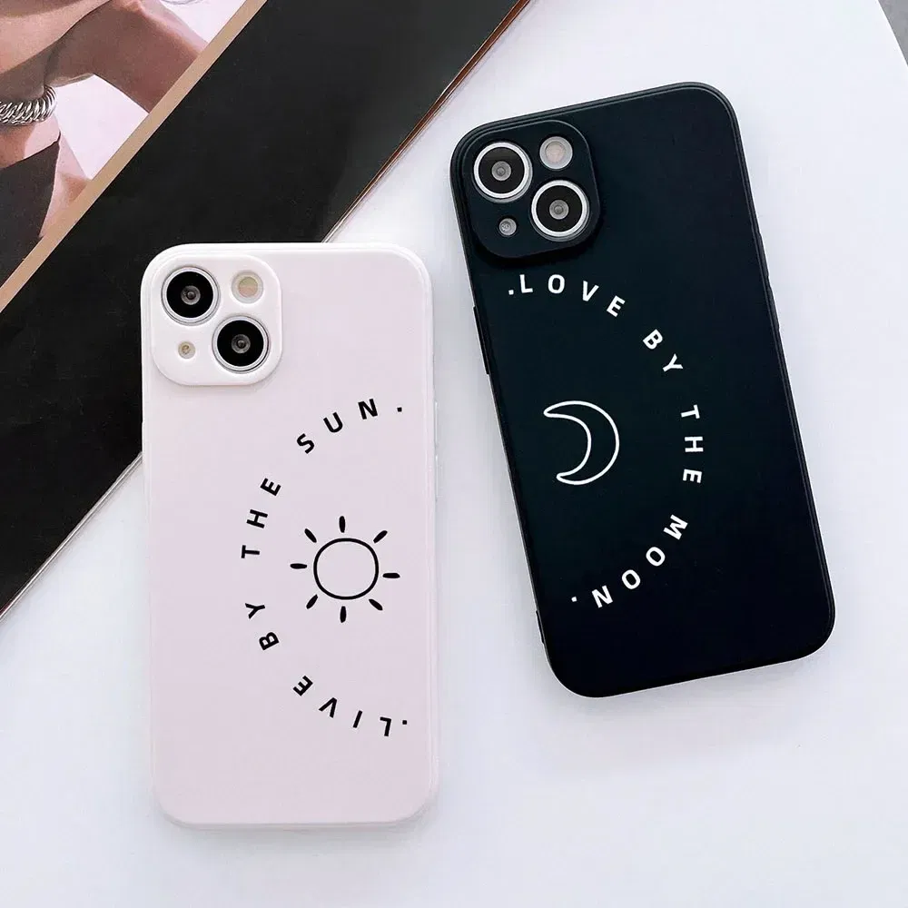 Color: Beige, Material: Denim - Couple Black and White Love Sun Moon Case For Samsung Galaxy S10 S20 S21 S22 S23 S24 FE Plus Ultra Note 20 Silicone Phone Case