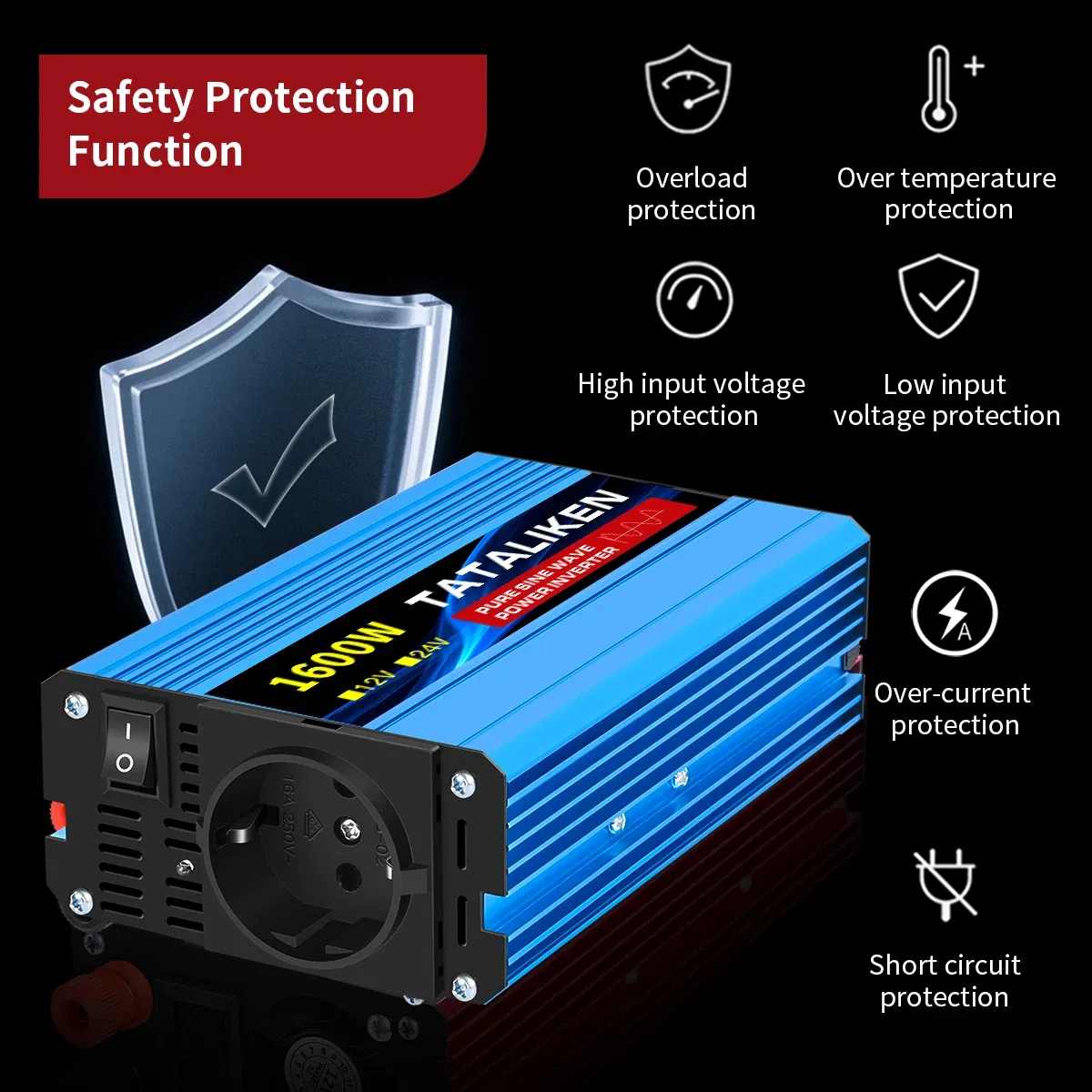 Color Name: Red - Pure Sine Wave Inverter 1600W/2200W/3000W/4000W DC 12V/24V to AC 220V 50hz Power Inverter Charger Converter Adapter EU Socket
