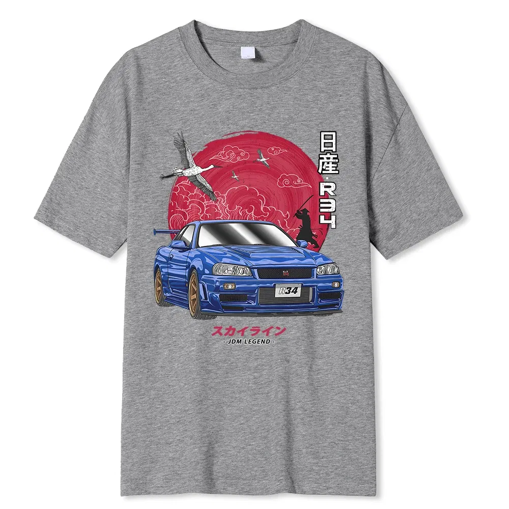 Color: GRAY, Size: XL - Cotton Initial D T Shirt Men Women Harajuku Aesthetic Oversize T-Shirt Funny JDM LEGEND Car Tshirt Nissan Skyline R34 Tee Shirt