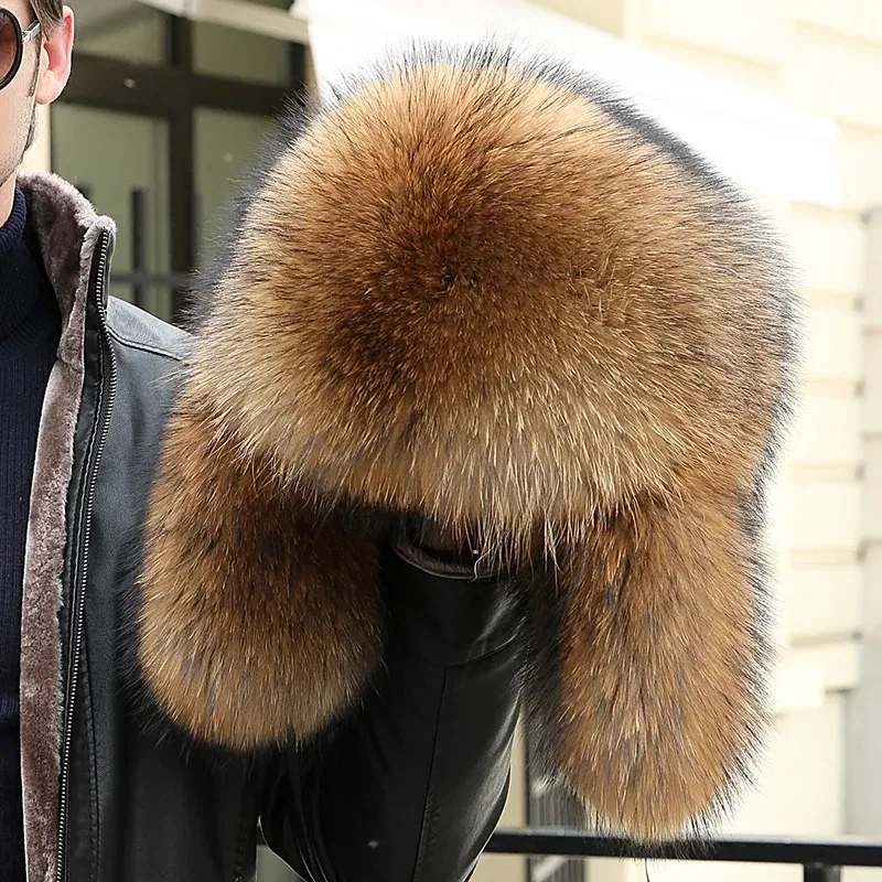Color: Dark Grey, Hat Size: 57 - 2025 Winter 100% Real Silver Fox Fur Bomber Hat Raccoon Fur Ushanka Cap Trapper Russian Men's Ski Hats Caps