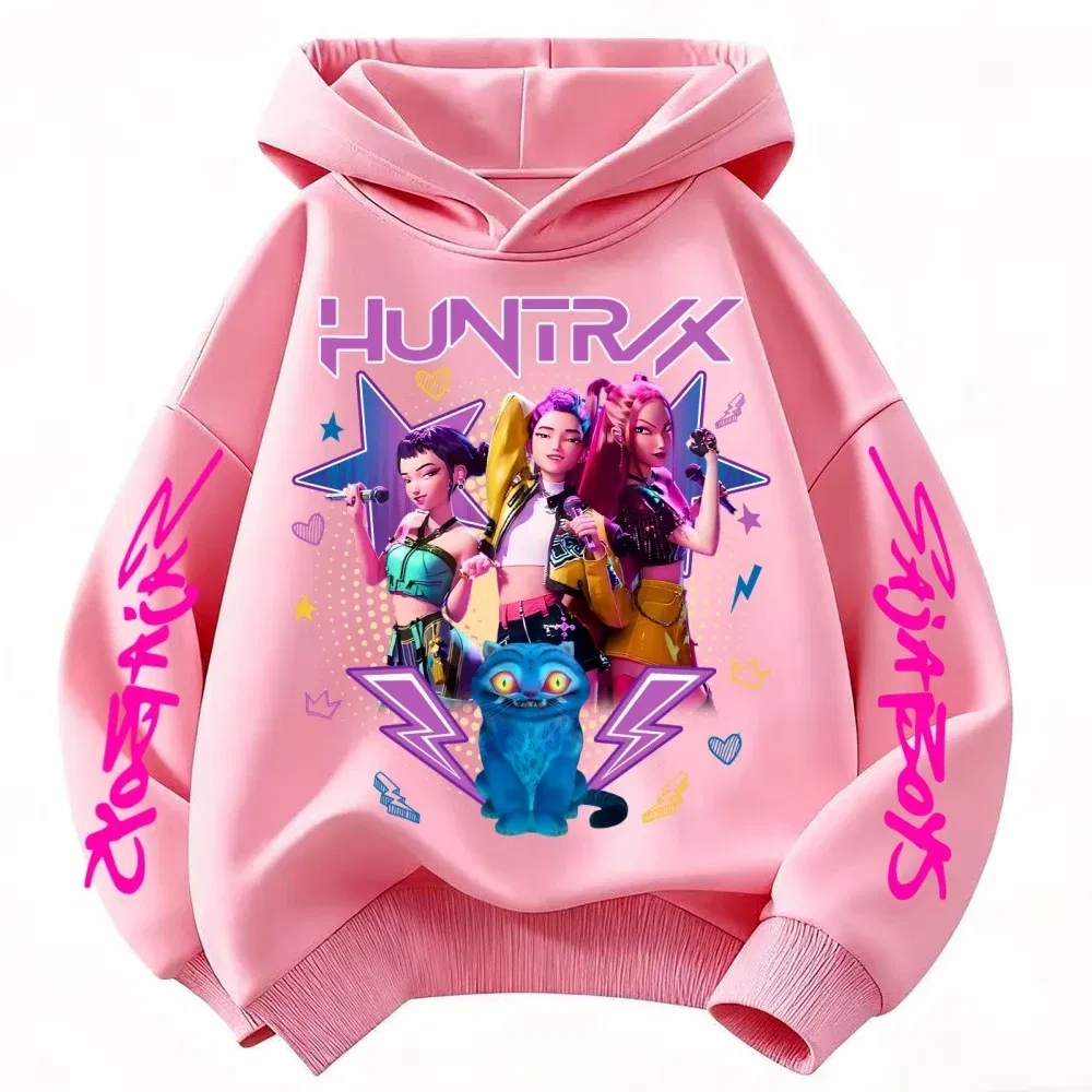Color: Ivory, Kid Size: 6 - Demone Hunter Girl's Pink Hooded Streetwear Autumn Cute Anime Baby Pullover Kids Y2K Kawaii Long Sleeved T-shirt Casual Clothes