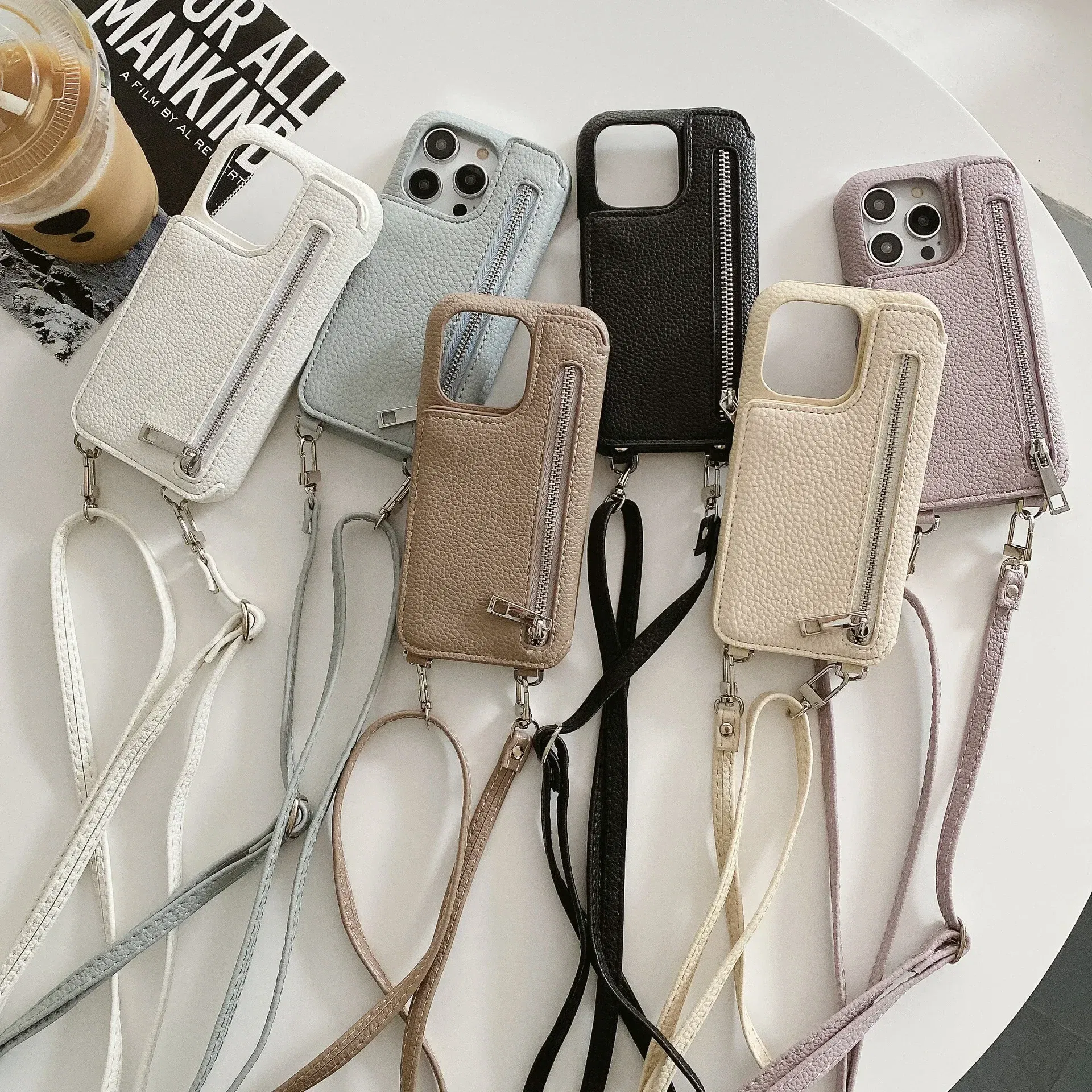 Material: EVA, Color: Brown - Zipper Wallet Makeup Mirror Crossbody Lanyard Case For iPhone 16 15 14 Pro Max 13 12 11 XR XS 7 8 Plus Card Slot Leather Cover