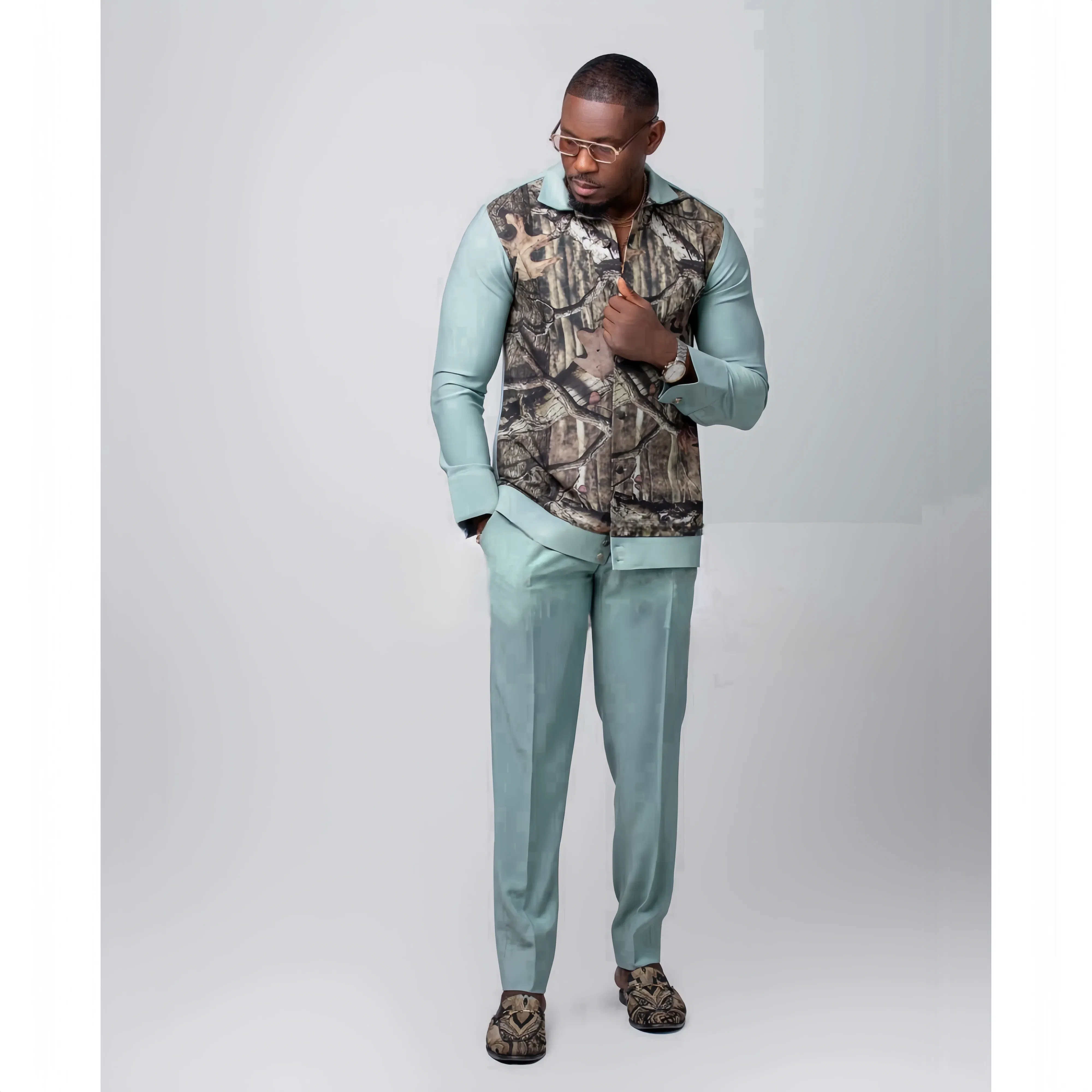 Color: green, Size: XXL - New Kaunda Boutique Men's Set Fashionable Red Luxury Grand Round Neck Embroidery Slim Fit Two Piece Wedding Festival Set