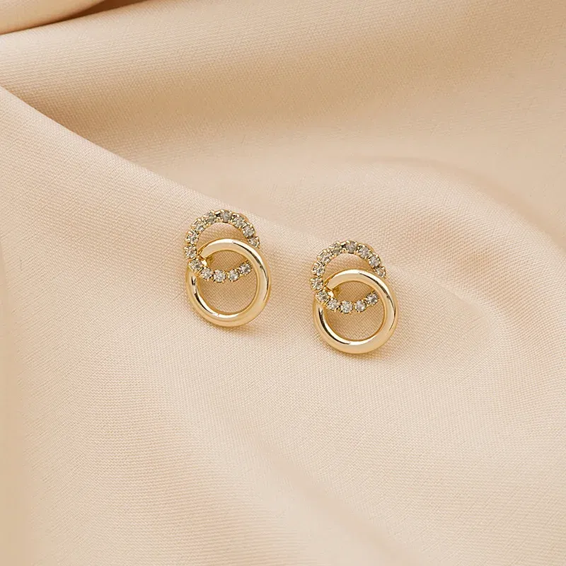 Korean Simple Double Circle Gold Color Metal crystal Stud Earrings For Women Fashion Exquisite Jewelry Best Friend Gifts