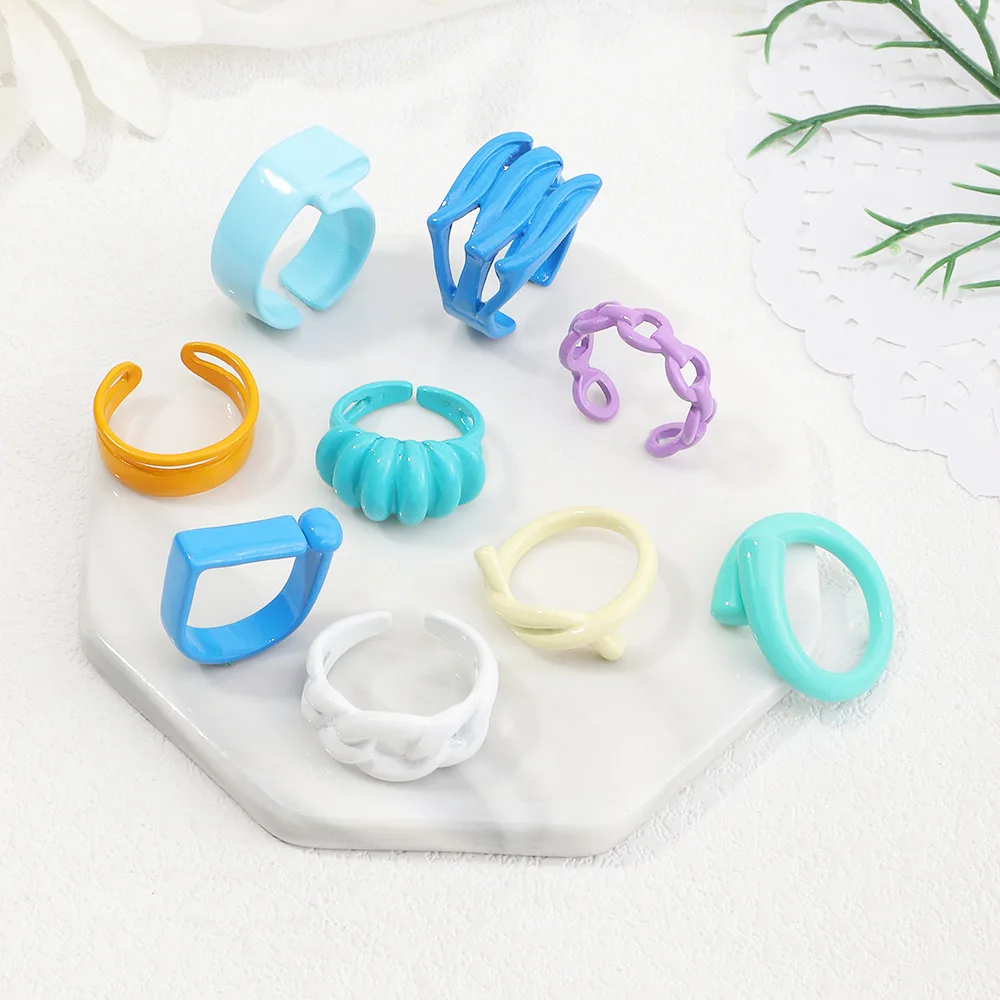 Main Stone Color: Green - 2022 New Trendy Irregular Geometry Open Adjustable Rings Korean Simple Personality Color Rings For Women Jewelry Gifts