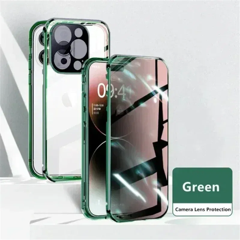 Color: green, Material: Leather - Double-Sided Privacy Magnetic Case For iPhone 16 12 13 14 15 11 Pro Max 14 Plus 16 Plus Anti Peeping Full Cover Metal Frame Case