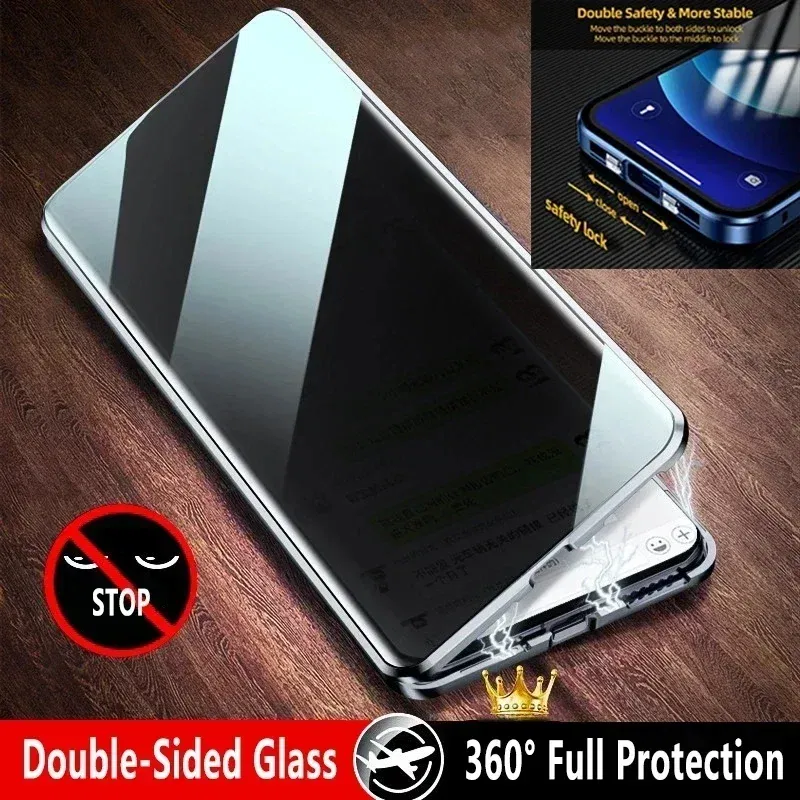 Color: green, Material: Leather - Double-Sided Privacy Magnetic Case For iPhone 16 12 13 14 15 11 Pro Max 14 Plus 16 Plus Anti Peeping Full Cover Metal Frame Case