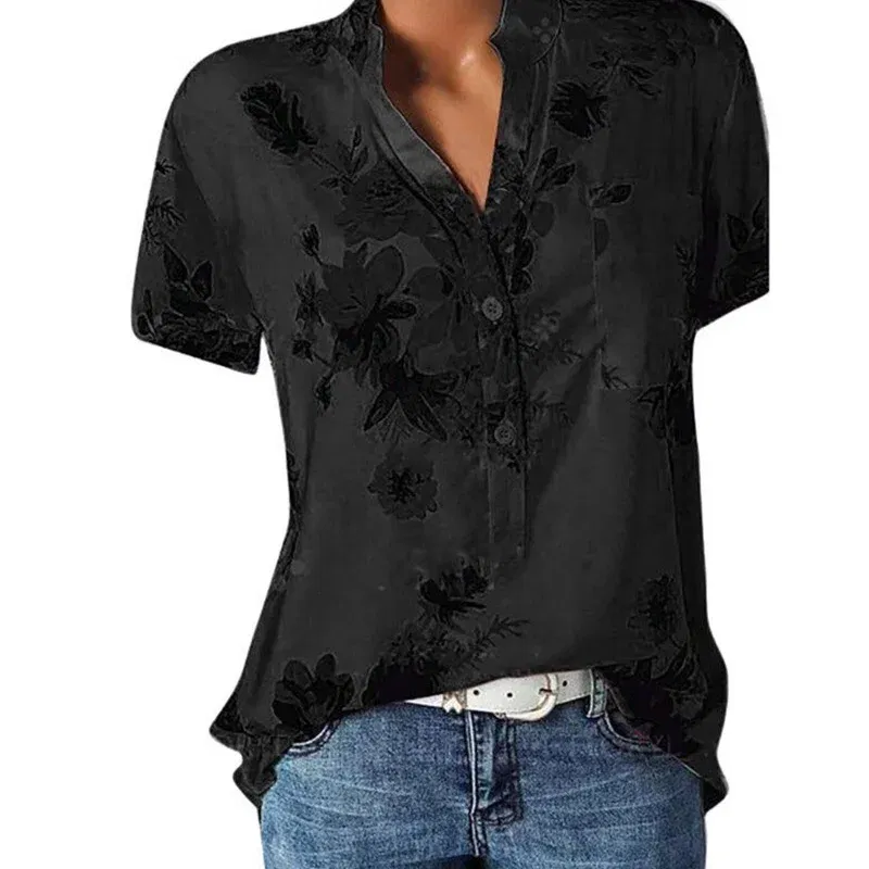 Color: black, Size: XL - Temperament new women's shirt printing large size casual shirt loose V-neck short-sleeved shirt blouse