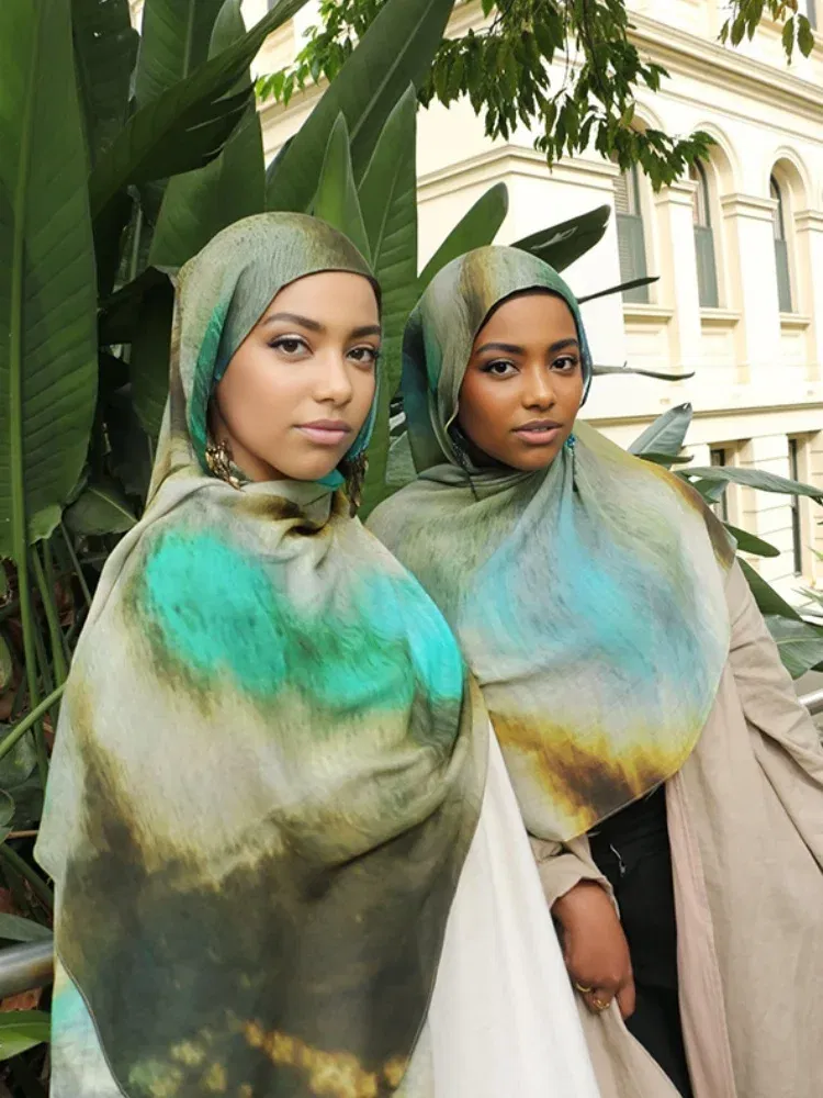 Color: Blue - 1Pcs Ramadan Hijab Leopard Print Women Bohemian Watercolor Soft Muslim Hijabs Floral Breathable Shawl Wrap Scarf Headscarf Warm