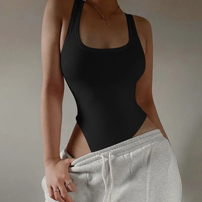 Color: black, Size: S - Sleeveless Knit Bodysuit for Women, Off Shoulder Halter Tops, Casual Street Bodycon, Sexy Clubwear, Hot Summer, 2024