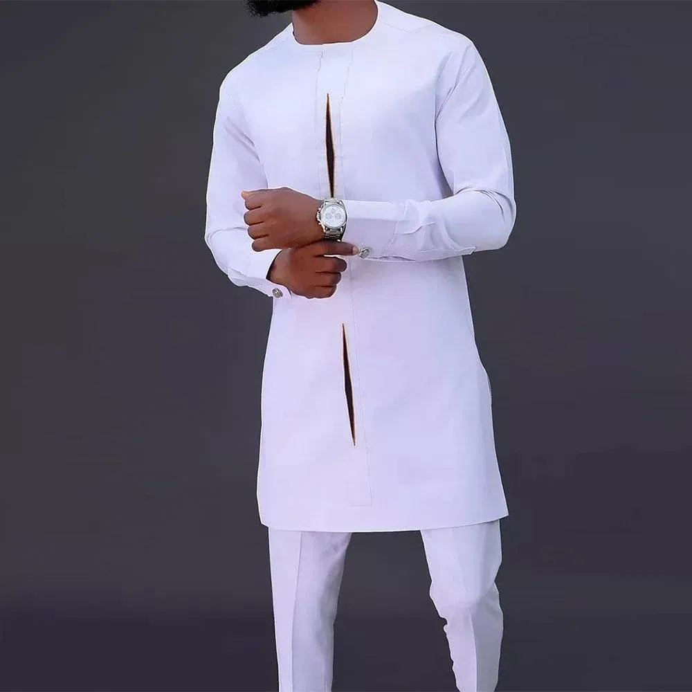 Color: Burgundy, Size: L - New Kaunda Boutique Men's Set Fashionable Red Luxury Grand Round Neck Embroidery Slim Fit Two Piece Wedding Festival Set