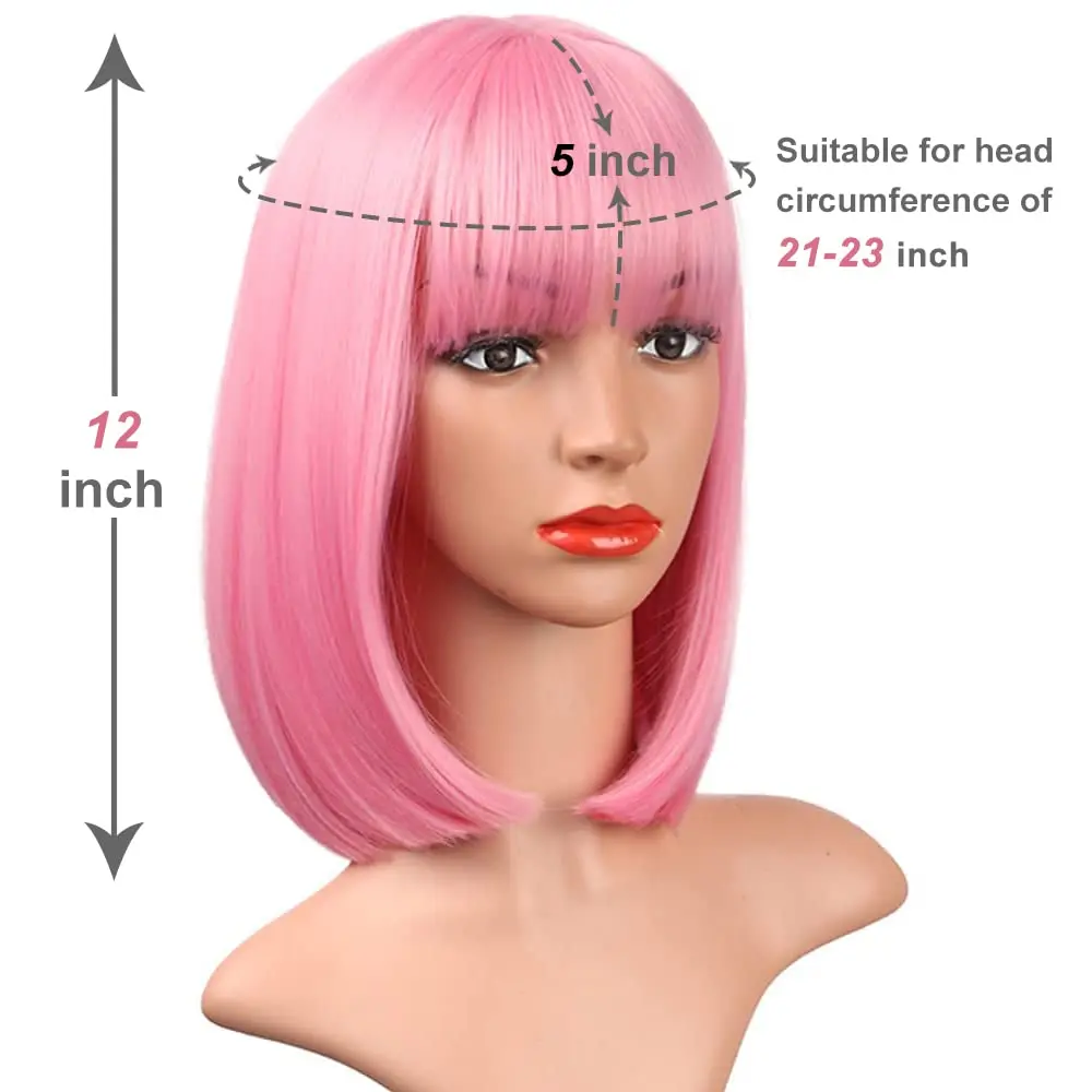 Color: T1B/Green, Stretched Length: 12inches - 12-inch pink short straight hair synthetic wig for cosplay, pompadour hairstyle, daily high-temperature hair wig