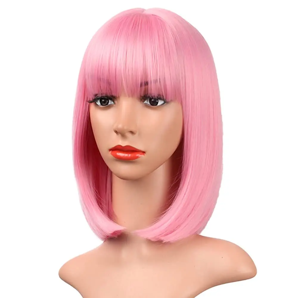 Color: T1B/Green, Stretched Length: 12inches - 12-inch pink short straight hair synthetic wig for cosplay, pompadour hairstyle, daily high-temperature hair wig