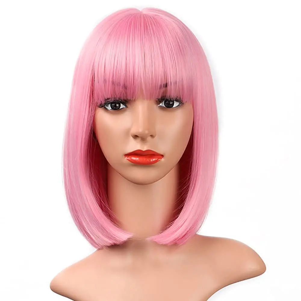 Color: T1B/Green, Stretched Length: 12inches - 12-inch pink short straight hair synthetic wig for cosplay, pompadour hairstyle, daily high-temperature hair wig
