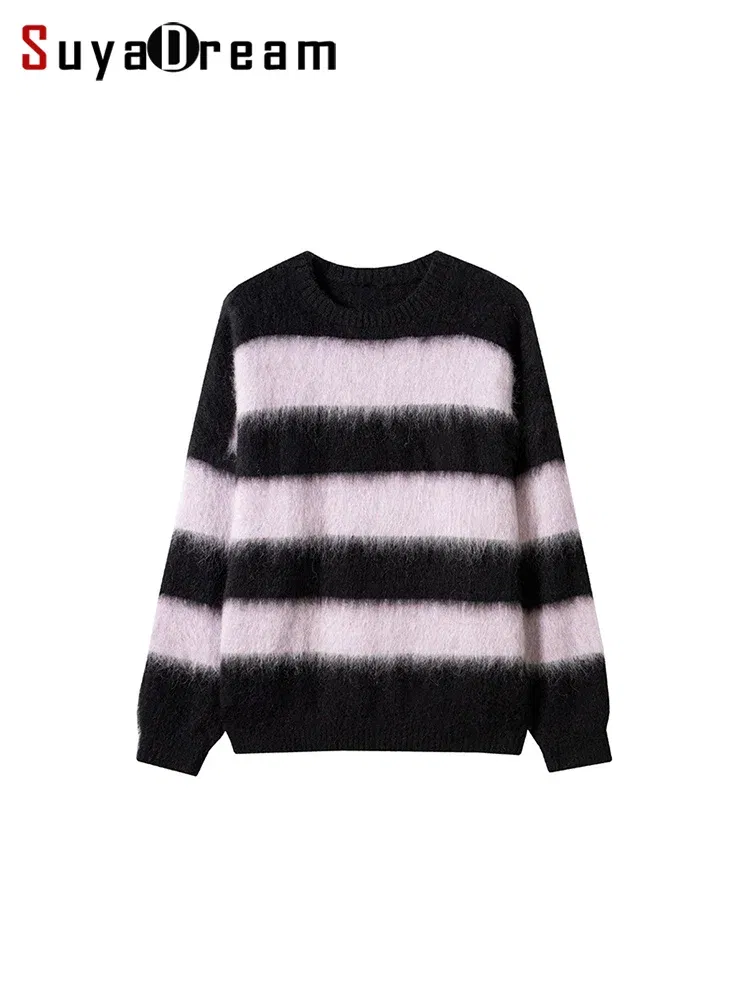 Color: WHITE, Size: One Size - SuyaDream, Alpace Pullovers for Woman, O Neck Dropped Sleeved, Loose Striped Sweaters, 2025 Fall Winter Top, Pink, Black, Khaki