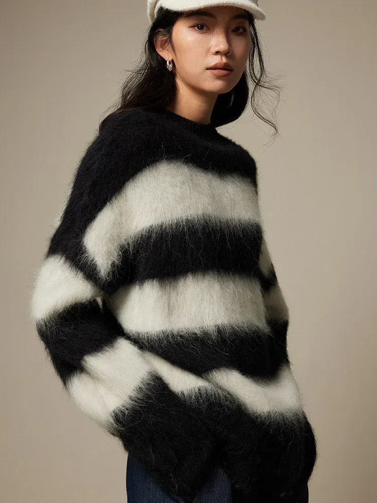 Color: WHITE, Size: One Size - SuyaDream, Alpace Pullovers for Woman, O Neck Dropped Sleeved, Loose Striped Sweaters, 2025 Fall Winter Top, Pink, Black, Khaki