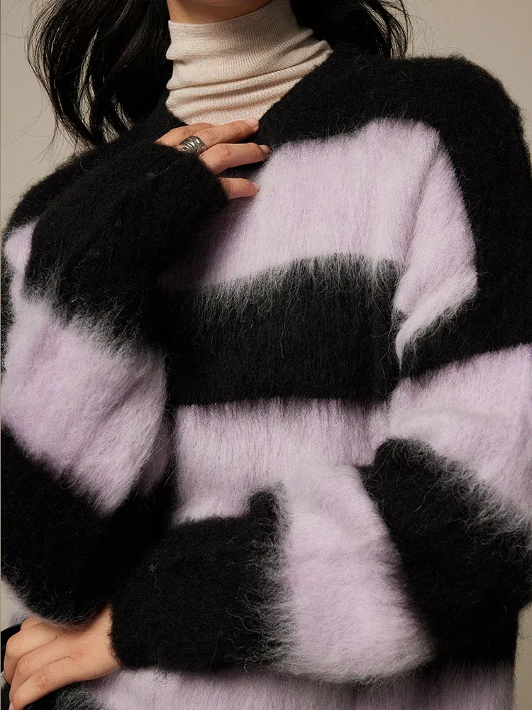 Color: WHITE, Size: One Size - SuyaDream, Alpace Pullovers for Woman, O Neck Dropped Sleeved, Loose Striped Sweaters, 2025 Fall Winter Top, Pink, Black, Khaki
