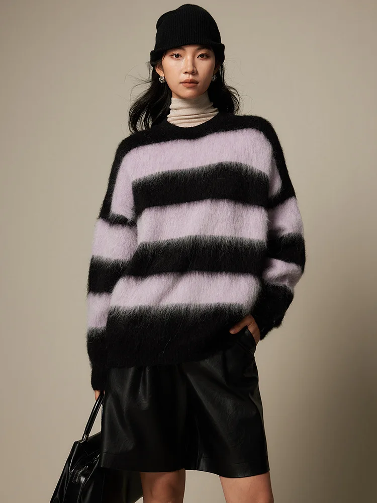 Color: WHITE, Size: One Size - SuyaDream, Alpace Pullovers for Woman, O Neck Dropped Sleeved, Loose Striped Sweaters, 2025 Fall Winter Top, Pink, Black, Khaki