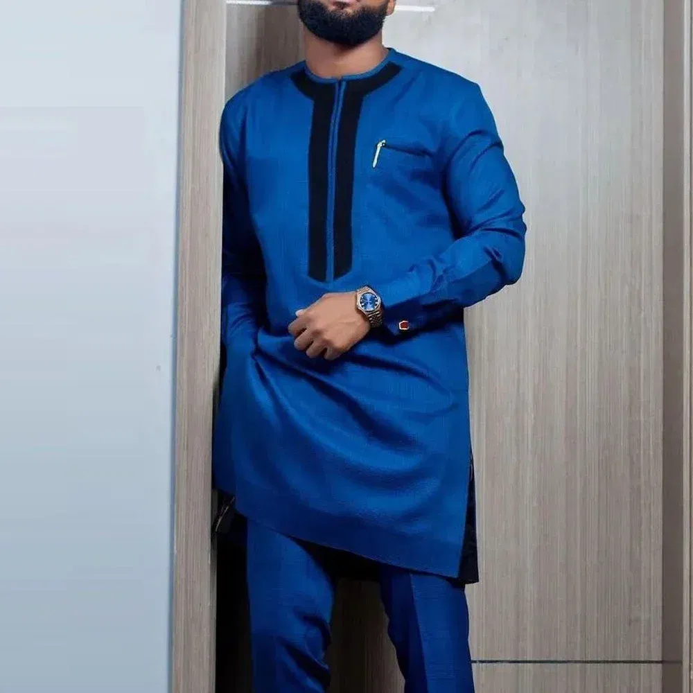 Color: ROYAL BLUE, Size: XXXL - 2024 New African Traditional Men's Set Elegant and Fashionable Men's Suit Casual Embroidery Two Piece Set Men's Suit Kaftan