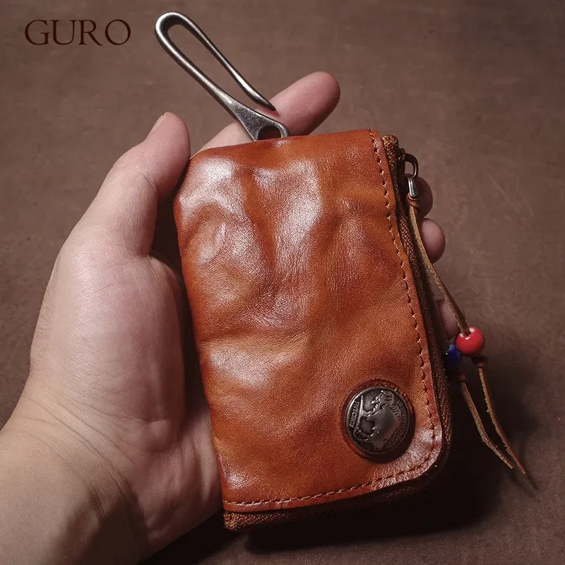 Color: Brown, Ships From: CHINA - GURO High Quality Genuine Leather Home Car Key Bag Retro Men Handmade Top Cowhide Coin Purse Women Zipper Mini Wallet Card Holde