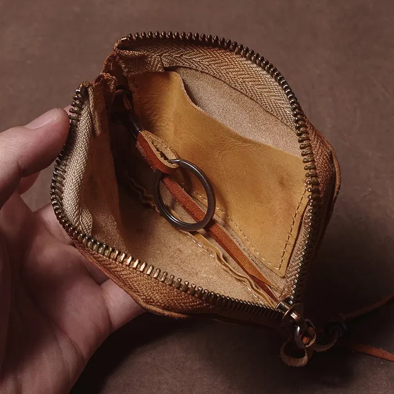 Color: Brown, Ships From: CHINA - GURO High Quality Genuine Leather Home Car Key Bag Retro Men Handmade Top Cowhide Coin Purse Women Zipper Mini Wallet Card Holde