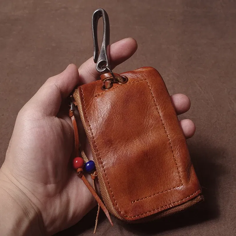 Color: Brown, Ships From: CHINA - GURO High Quality Genuine Leather Home Car Key Bag Retro Men Handmade Top Cowhide Coin Purse Women Zipper Mini Wallet Card Holde