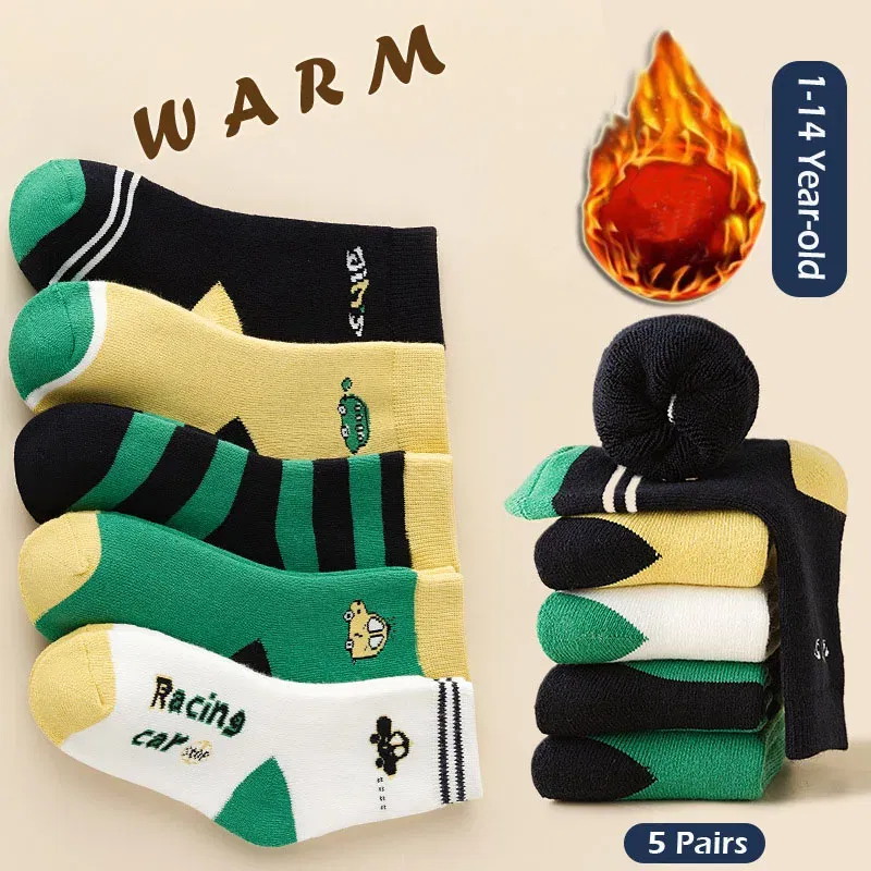 Color: black, Size: 10-12T - Children's Winter Socks 5 Pairs Student's Thick Cotton Socks Boys Warm Winter Socks Cartoon Racing Car Pattern