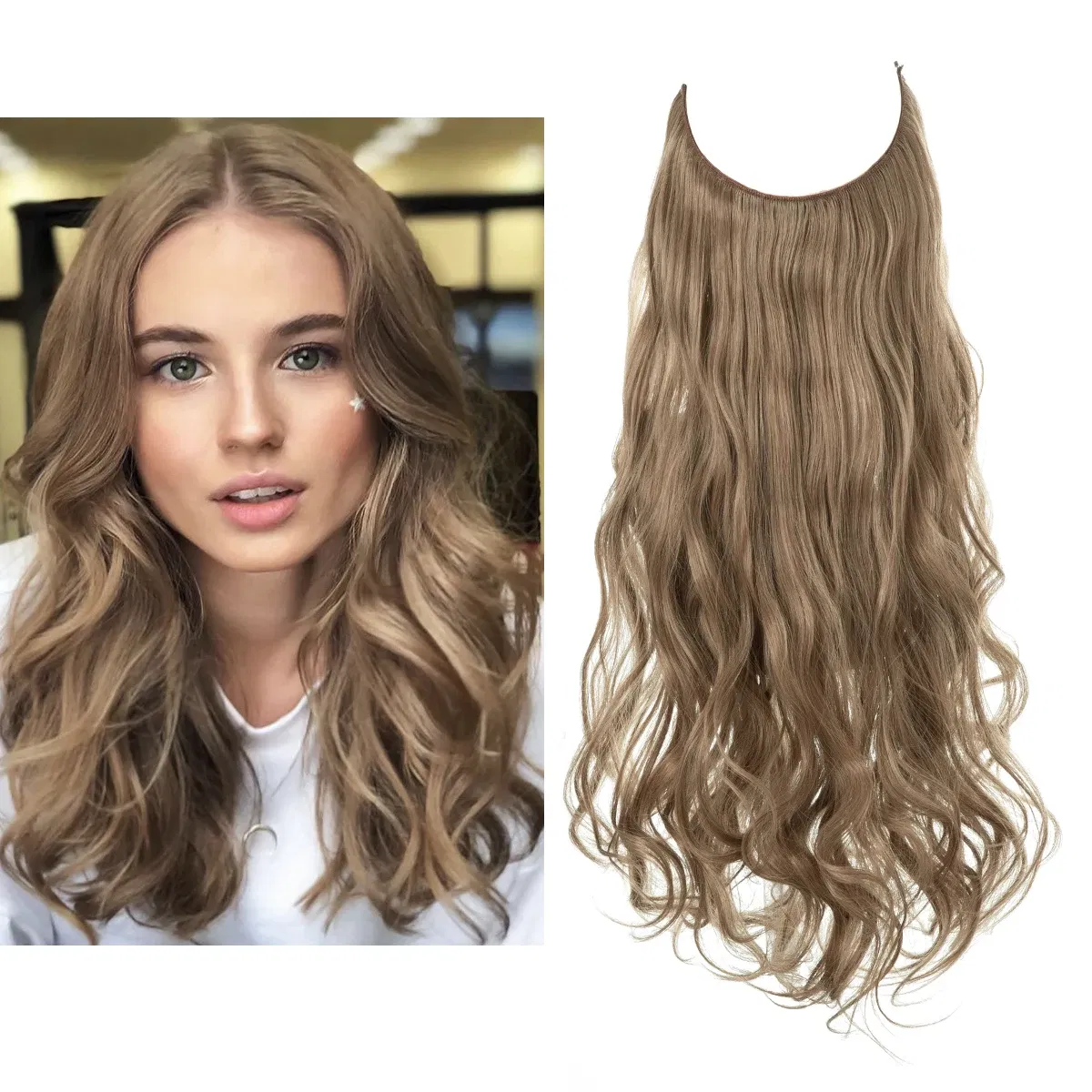 Color: P12/613, Stretched Length: 16inches - Synthetic No Clip Wave Hair Extensions Ombre Natural Black Blonde Pink One Piece False Hairpiece Fish Line Fake Hair Piece