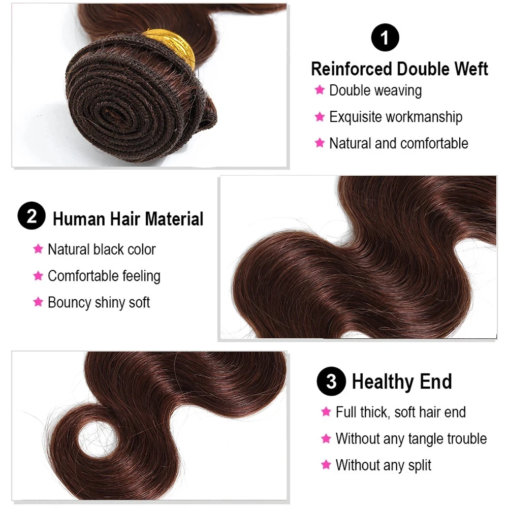 Bulk Buy: 3Pcs/Lot, Material Grade: Remy Hair, Length: 22 22 22 - Brown Body Wave Bundles 100% Human Hair #4 Colored Brazilian Remy Hair Extensions Weave 3 PCS/Lot 30 Inch Raw Human Hair Bundles