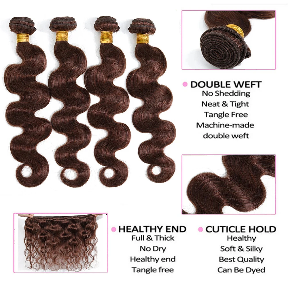 Bulk Buy: 3Pcs/Lot, Material Grade: Remy Hair, Length: 22 22 22 - Brown Body Wave Bundles 100% Human Hair #4 Colored Brazilian Remy Hair Extensions Weave 3 PCS/Lot 30 Inch Raw Human Hair Bundles
