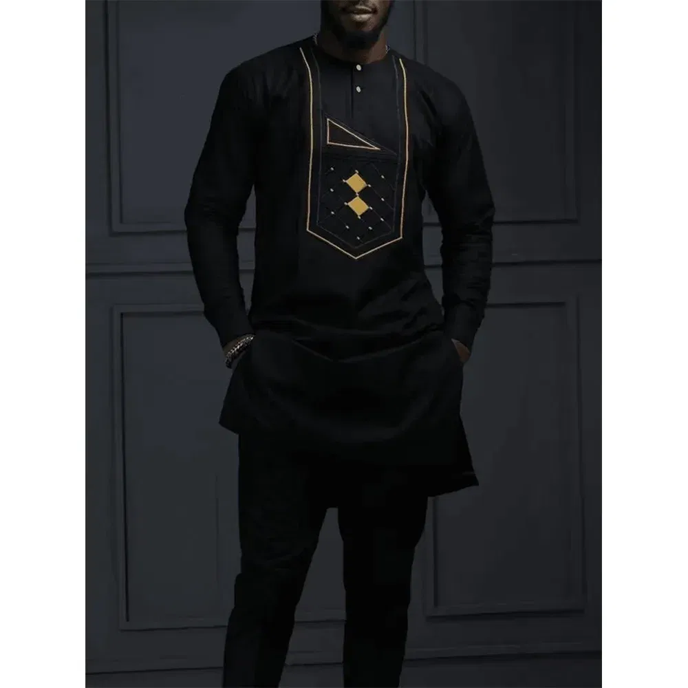 Color: Gold, Size: M - New Kaunda Boutique Men's Set Fashionable Red Luxury Grand Round Neck Embroidery Slim Fit Two Piece Wedding Festival Set