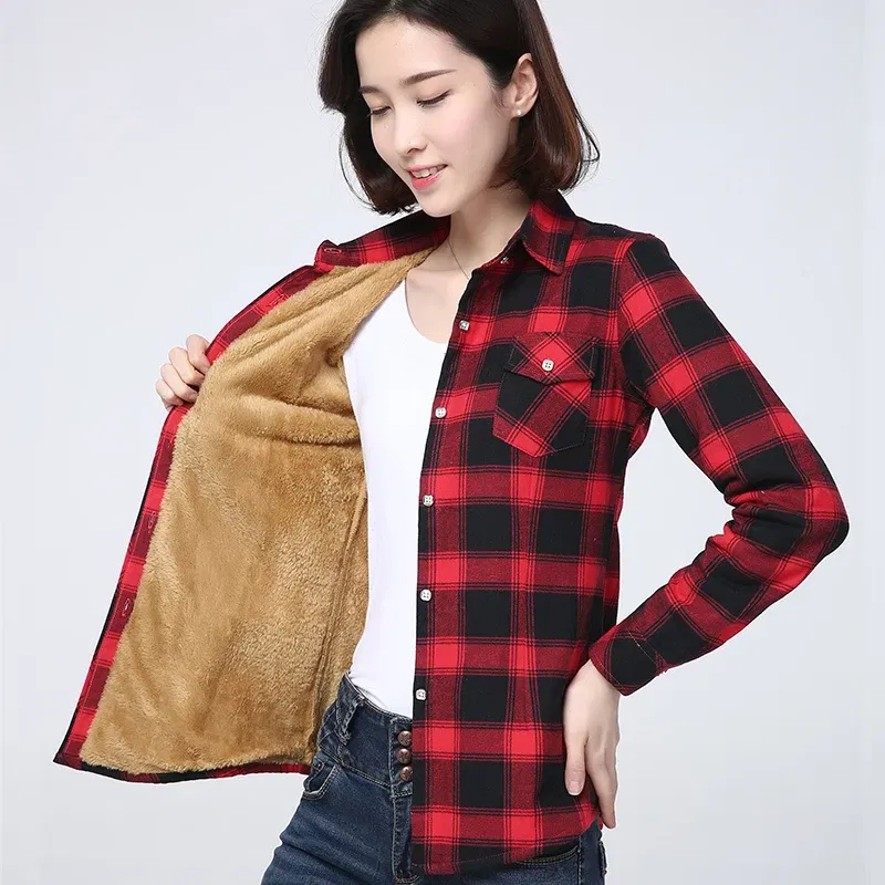 Color: Gold, Size: L - 2025 Winter New Women's Warm Plaid Shirt Coat Casual Fleece Velvet Plus Thicke Jacket Tops College Style Woman Clothes Outerwear