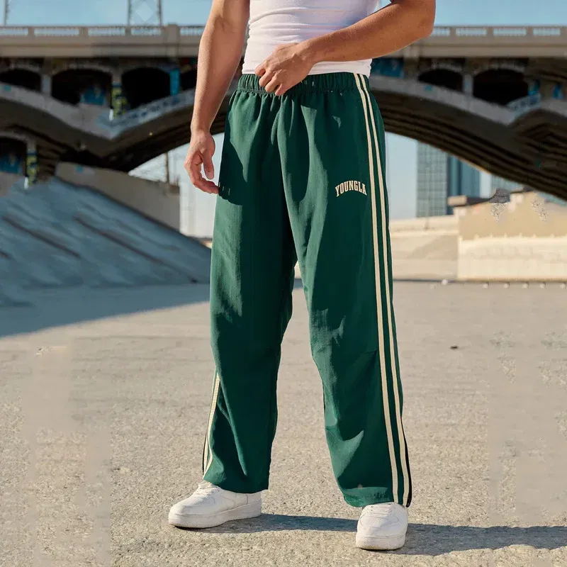 Color: Gold, Size: S - Jogger Men's Sweatpants Gym Sports Fitness Splicing Strips Printing Mid Waist Casual Pants Ya Fashion Men Clothing Wide Leg Pan