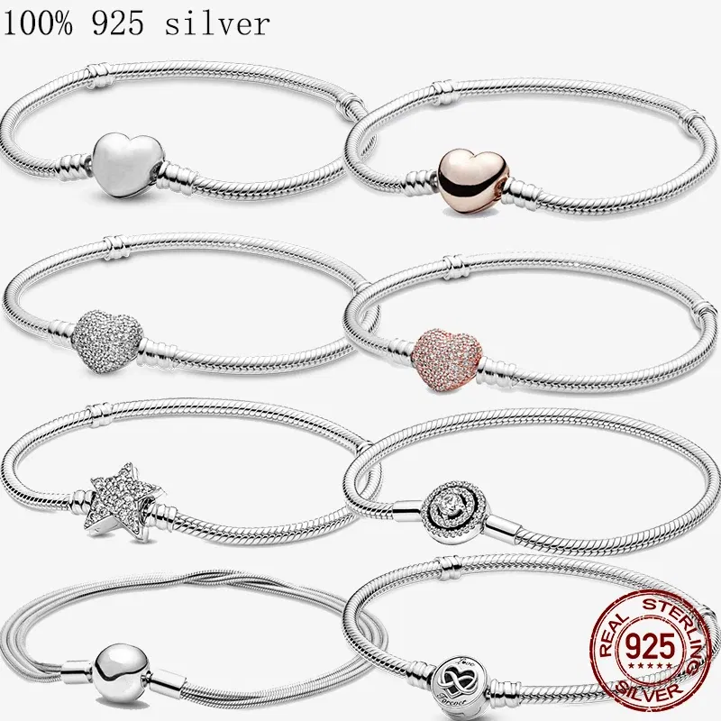 Gem Color: Dark Khaki, Length: 19cm - Original 925 Sterling Silver Bracelet Star Heart Clasp Snake Chain Rose Gold DIY Beads Charms Bracelets For Women Luxury Jewelry