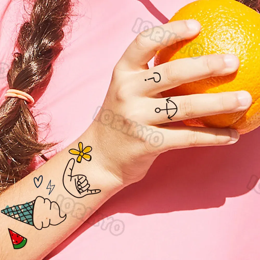 Color: Red - Summer Style Temporary Tattoos For Kids Adult Boy Girl Fake Ice cream Tattoo Sticker Small Rock Flower Heart Tatoos Hands Finger