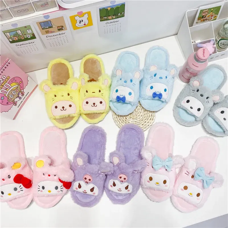 Color: Black, Shoe Size: 36 - Japanese Anime Slippers Cartoon Open Toe Sweet Girly Indoor Home Plush Shoes Flat Non-slip Casual Girl Spring Autumn Kawaii