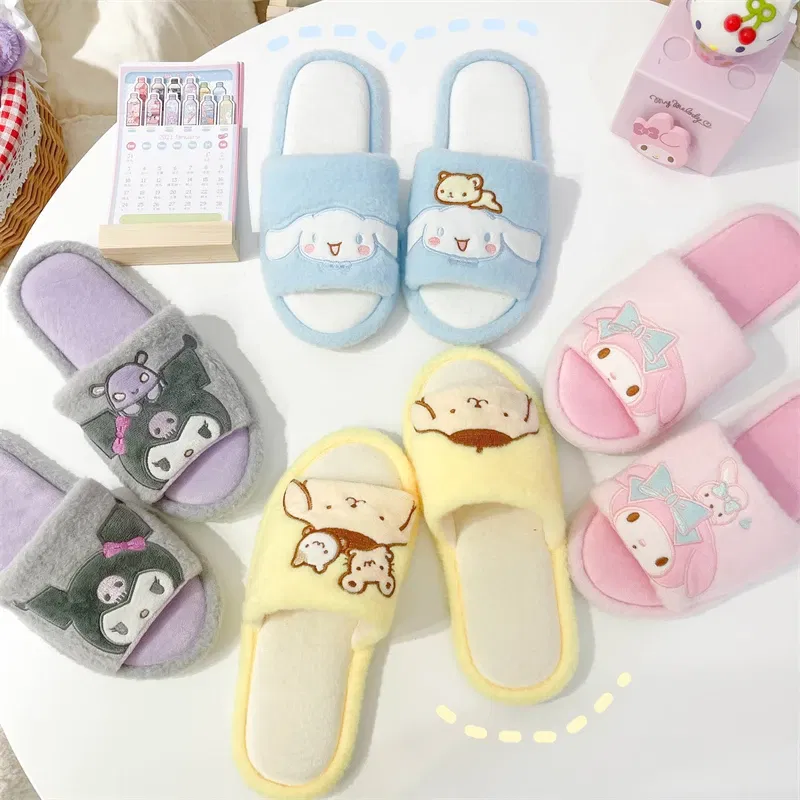Color: Black, Shoe Size: 36 - Japanese Anime Slippers Cartoon Open Toe Sweet Girly Indoor Home Plush Shoes Flat Non-slip Casual Girl Spring Autumn Kawaii